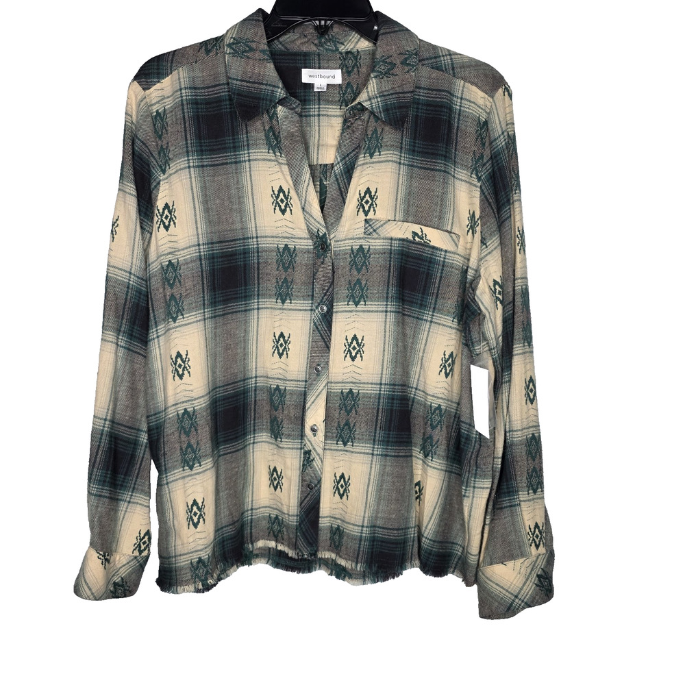 Westbound Womens L Green Jacquard Flannel Long Sleeve V Neck Button NWT